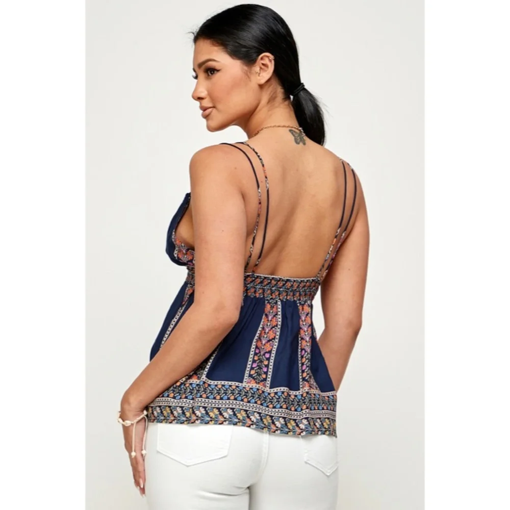 Navy Bohemian Border Floral Print Smocked Casual Cami Tank Top - Picture 4 of 6